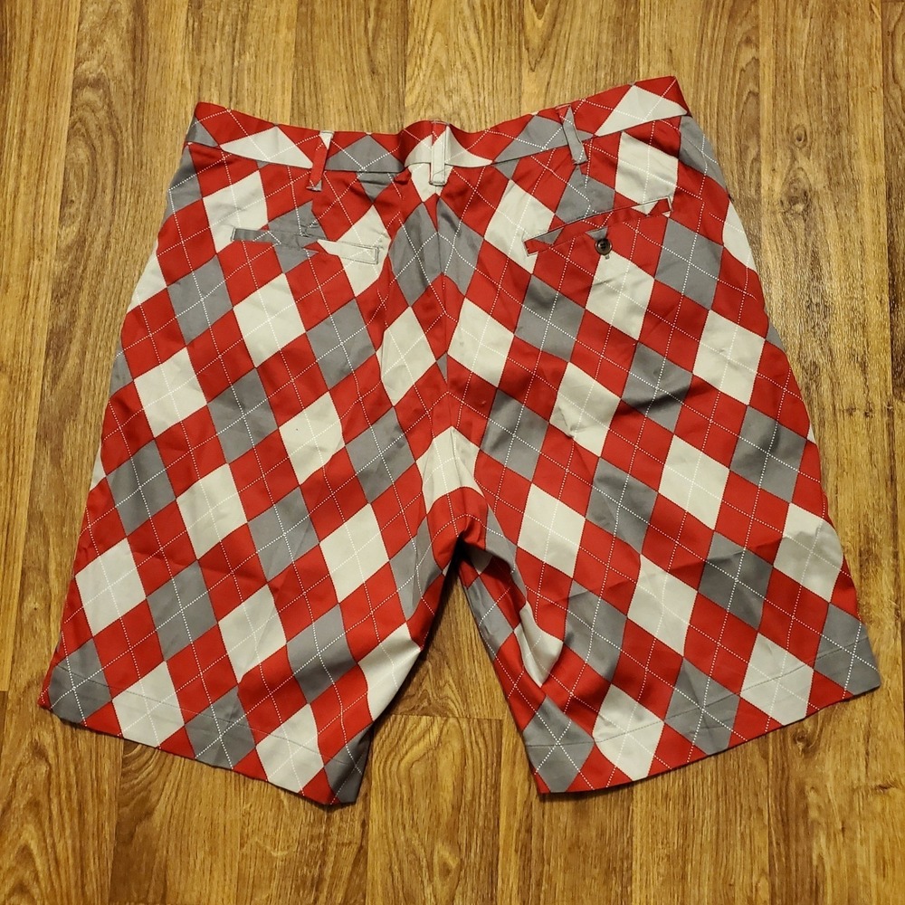 Loudmouth Golf Shorts Men 42 Red Grey Argyle Flat Front Cotton Lycra Stretch